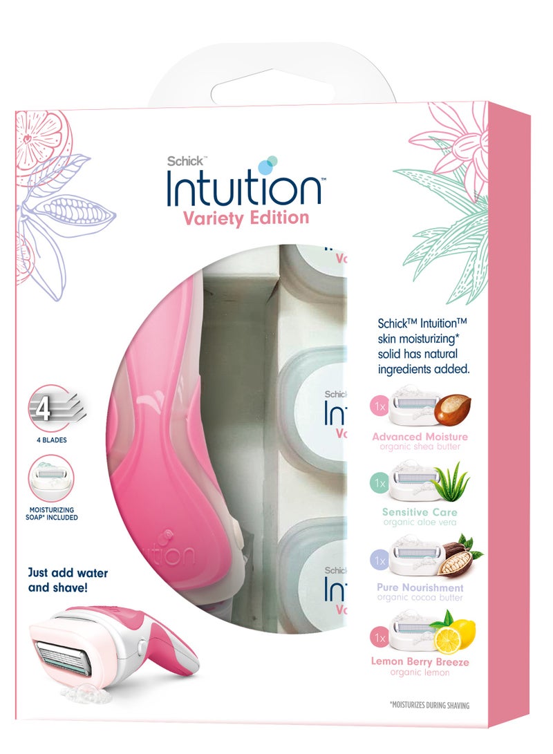 schick Intuition Variety Edition 4 Blade Razor For Women-Enriched With Aloe & Vitamin E-Pure Nourishment-Advance Moisture-Soft Rubber Grip-No Need For Shave Gel-1 Razor + 4 Cartridges - Image 3