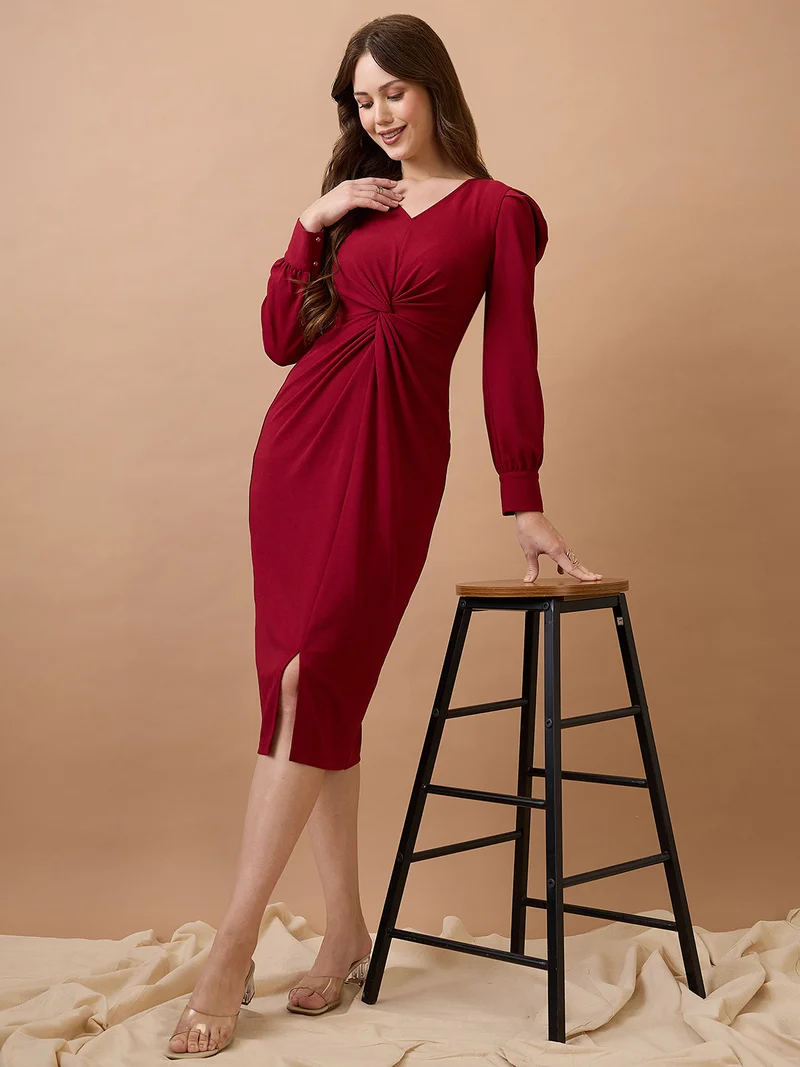 globus Women V-Neck Cuffed Sleeves Twisted Detail Midi Bodycon Party Dress