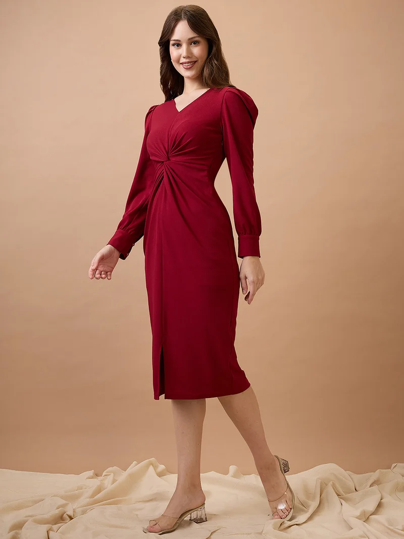 globus Women V-Neck Cuffed Sleeves Twisted Detail Midi Bodycon Party Dress