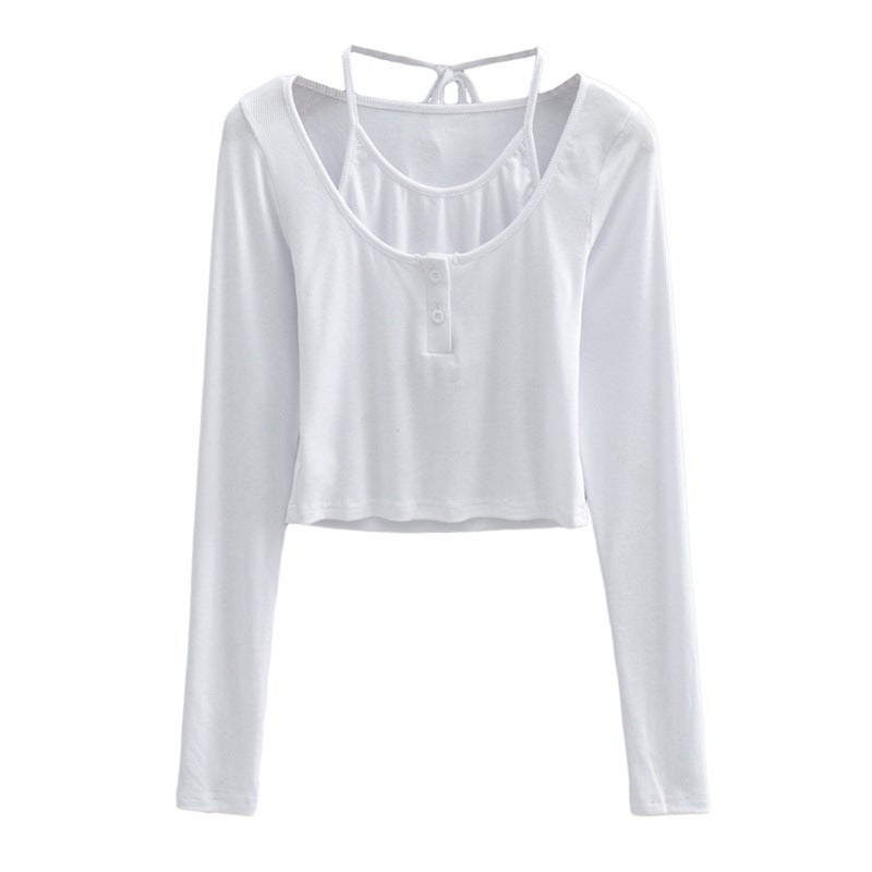 Ypff New Autumn Solid Color Fake Two-Piece Hanging Neck Lace-Up Long Sleeve Slim-Fit Neckline Open Access Control Top T-Shirt - Image 1