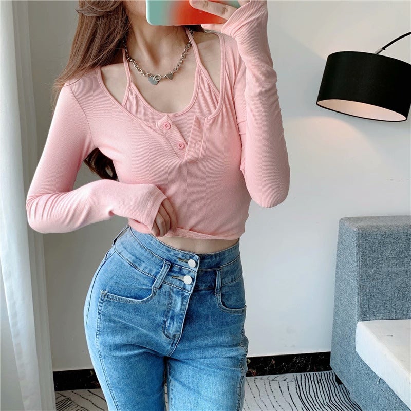 Ypff New Autumn Solid Color Fake Two-Piece Hanging Neck Lace-Up Long Sleeve Slim-Fit Neckline Open Access Control Top T-Shirt - Image 4