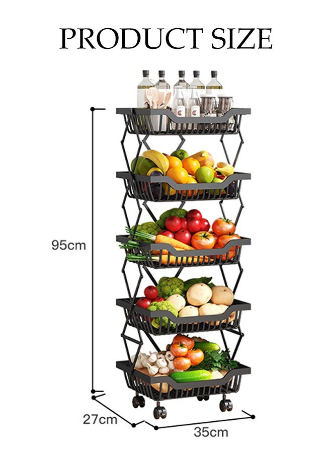 DUNISO 5-Tier Large Capacity Metal Wire Fruit And Vegetable Storage Basket with Wheels,Foldable Shelves Organizer For Kitchen ，Basement and Pantry，No Assembly Required (Black) - Image 2