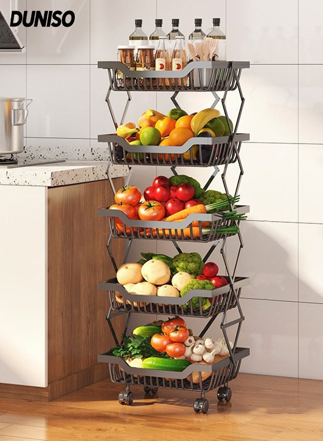 DUNISO 5-Tier Large Capacity Metal Wire Fruit And Vegetable Storage Basket with Wheels,Foldable Shelves Organizer For Kitchen ，Basement and Pantry，No Assembly Required (Black) - Image 1