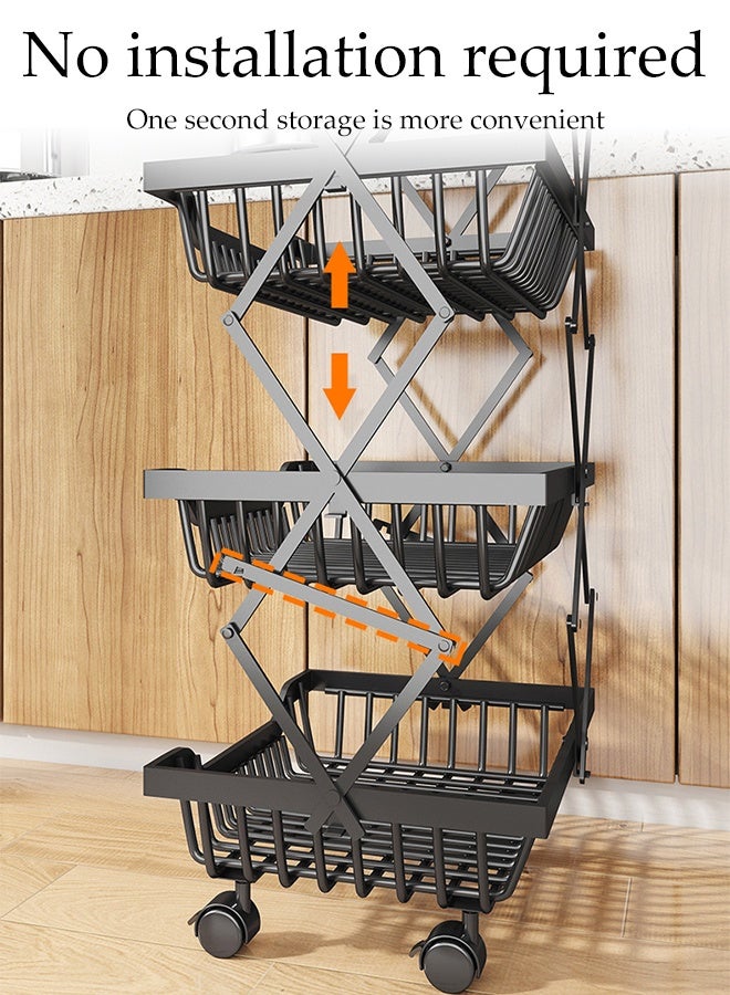 DUNISO 5-Tier Large Capacity Metal Wire Fruit And Vegetable Storage Basket with Wheels,Foldable Shelves Organizer For Kitchen ，Basement and Pantry，No Assembly Required (Black) - Image 5