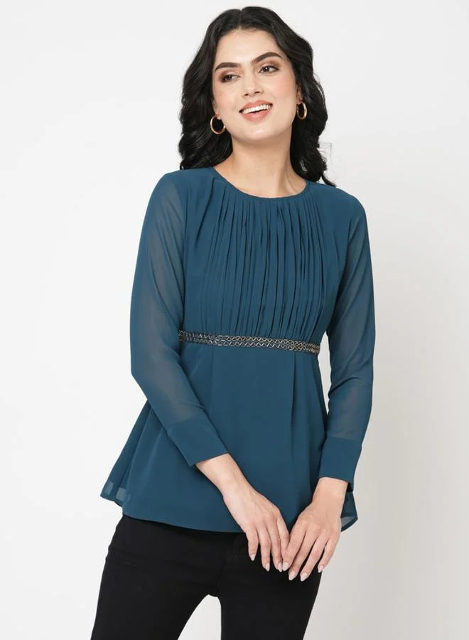 Mish Pleated Round Neck Top with Embellished Waist by Styli