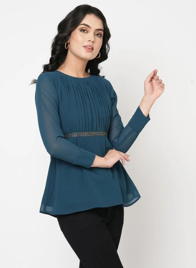 Mish Pleated Round Neck Top with Embellished Waist by Styli