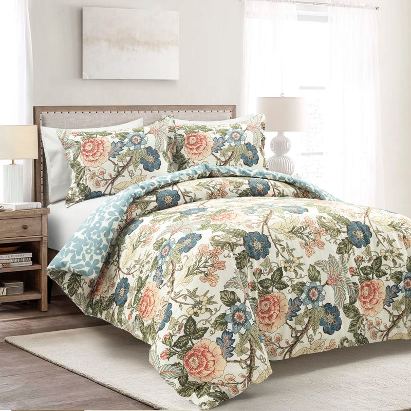 Lush Decor Sydney Reversible 100 Cotton Duvet Cover Set 3 Piece Set King Green Blue King Bedding Set Vintage Cottage Coquette Bedroom Decor - Image 2
