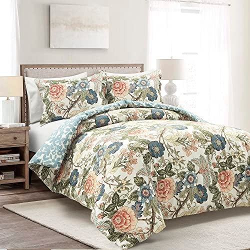 Lush Decor Sydney Reversible 100 Cotton Duvet Cover Set 3 Piece Set King Green Blue King Bedding Set Vintage Cottage Coquette Bedroom Decor - Image 1