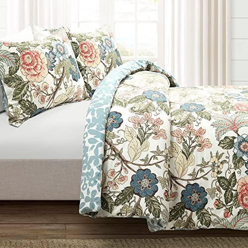 Lush Decor Sydney Reversible 100 Cotton Duvet Cover Set 3 Piece Set King Green Blue King Bedding Set Vintage Cottage Coquette Bedroom Decor - Image 3