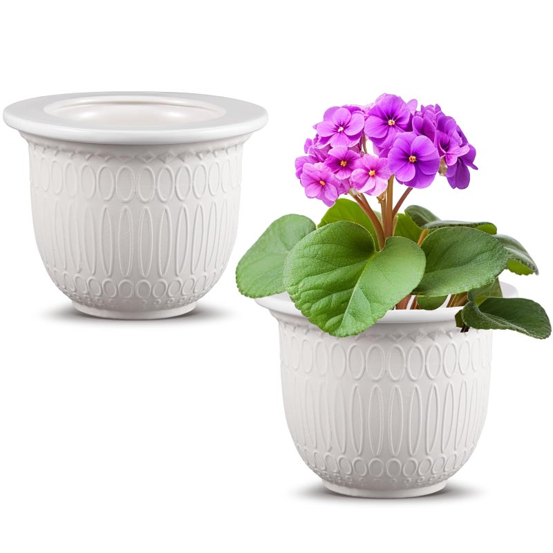 Romooa 2 Set African Violet Pots Self Watering, 7 Inch White Ceramic Dolomite Clay, Easy Effortless Planter Pot for Indoor Plants Herbs Flowers Orchids Succulent, Ideal Gifts, Plant Not Included - Image 1