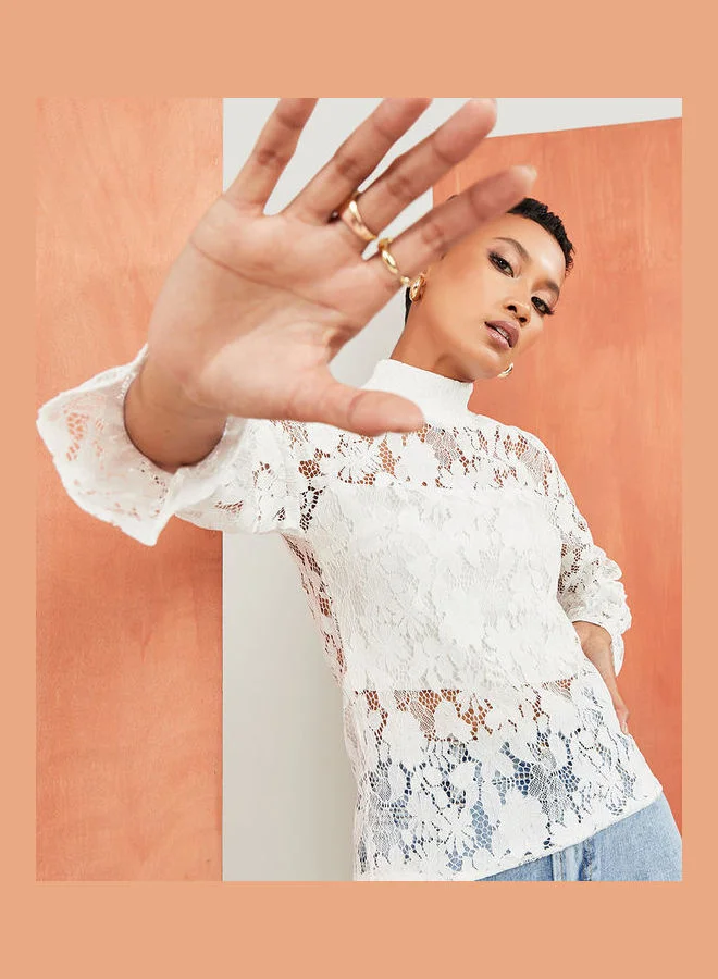 Styli High Neck Floral Lace Long Sleeves Blouse