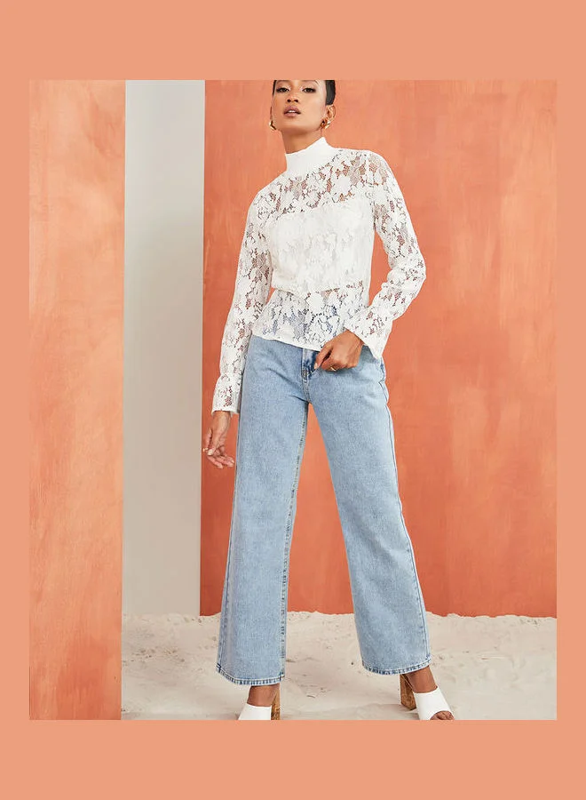 Styli High Neck Floral Lace Long Sleeves Blouse