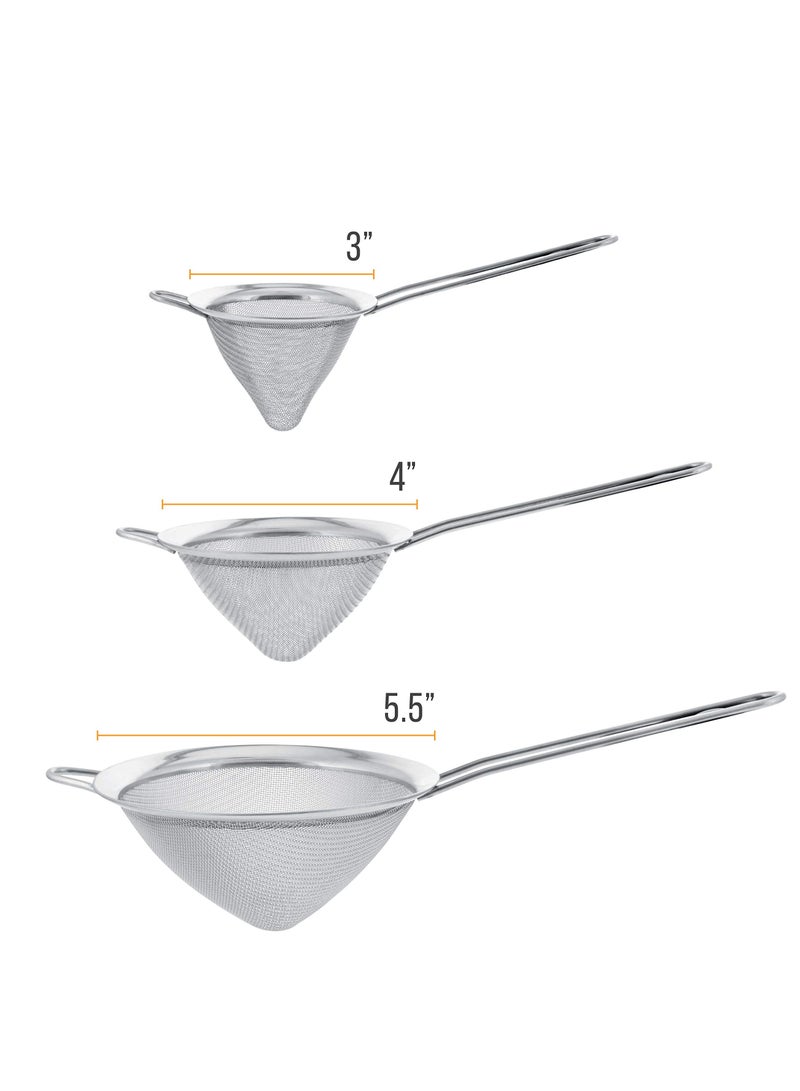 KASTWAVE Stainless Steel Strainer Skimmer Ladle, Set of 3 Premium Quality Extra Fine Twill Mesh Stainless Steel Conical Strainers to Sift, Strain, Drain and Rinse Vegetables, Pastas and Teas - Image 5
