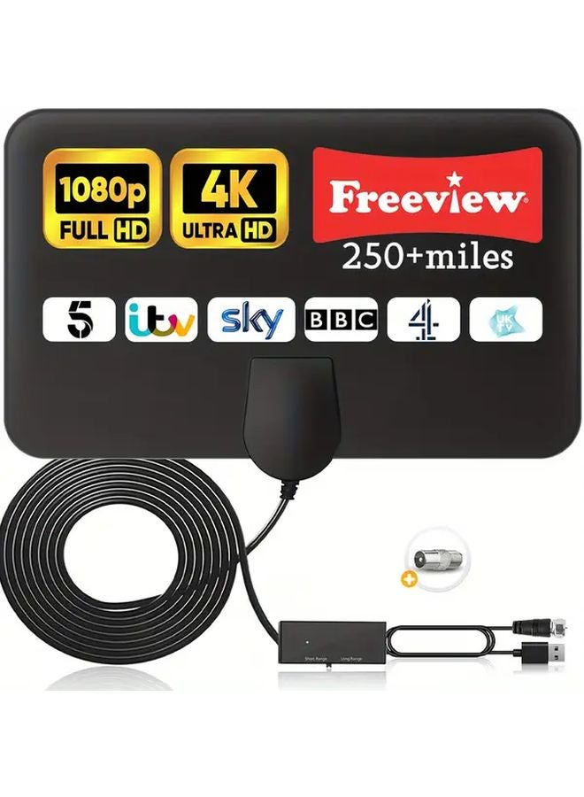 2023 Black Indoor Digital TV Antenna with Amplifier 250 Mile Range 4K Ultra HD USB Powered - Image 1