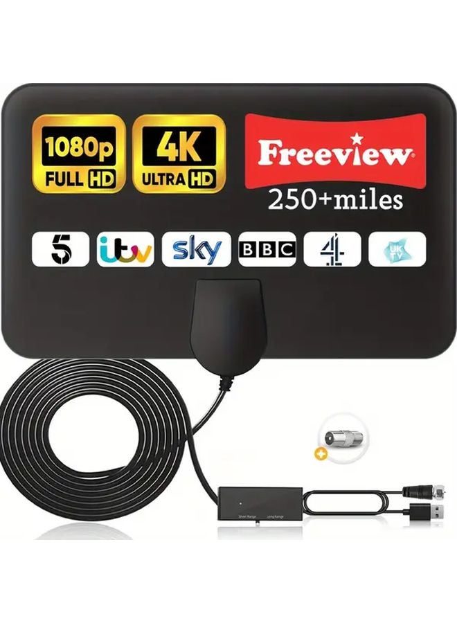 2023 Black Indoor Digital TV Antenna with Amplifier 250 Mile Range 4K Ultra HD USB Powered - Image 2