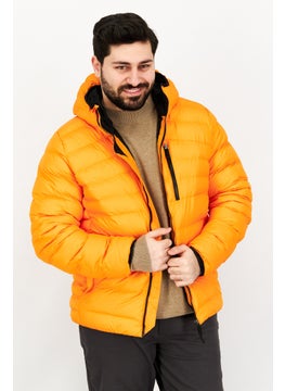 Men Sportswear Fit Hooded Brand Logo Puffer Jacket, Orange