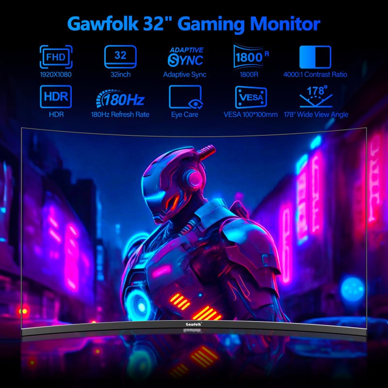 Gawfolk شاشة ألعاب غوفولك 32 بوصة منحنية 1800R، شاشات كمبيوتر 165HZ / 180HZ، شاشات VA للمنزل والمكتب والسكن، شاشة كمبيوتر FHD 1080P تدعم HDMI و DP - Image 2