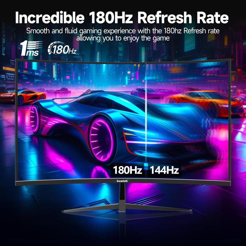 Gawfolk شاشة ألعاب غوفولك 32 بوصة منحنية 1800R، شاشات كمبيوتر 165HZ / 180HZ، شاشات VA للمنزل والمكتب والسكن، شاشة كمبيوتر FHD 1080P تدعم HDMI و DP - Image 4