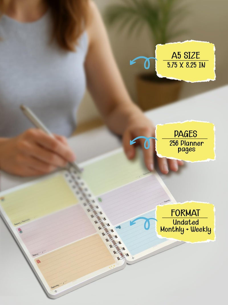 DOODLE Yearly Planner 2026 | A5 Wiro-Bound | 256 Undated Pages | Includes 160+ Stickers with Monthly, Weekly & Daily Planning Pages | Journal for Students & Professionals | Start Any Time of the Year - Image 5