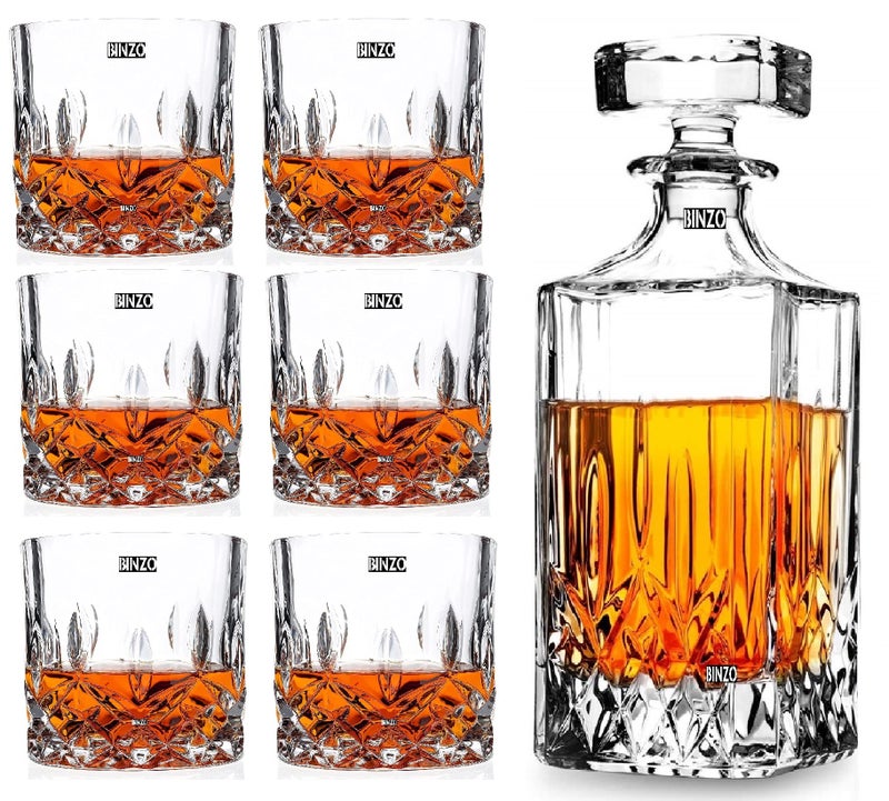 BINZO BINZO 7 Pc Decanter Set with Glass Tumblers, Opera Design Decanters for Whisky, Whiskey, Alcohol, Rum, Scotch, Liquor, (750 ml Decanter & 300 ml Tumblers) Clear  - Image 1