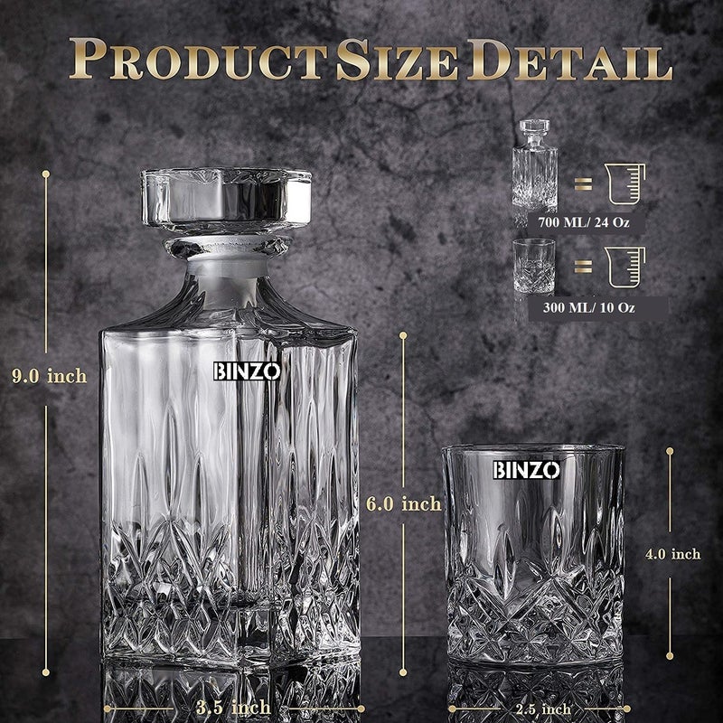 BINZO BINZO 7 Pc Decanter Set with Glass Tumblers, Opera Design Decanters for Whisky, Whiskey, Alcohol, Rum, Scotch, Liquor, (750 ml Decanter & 300 ml Tumblers) Clear  - Image 2