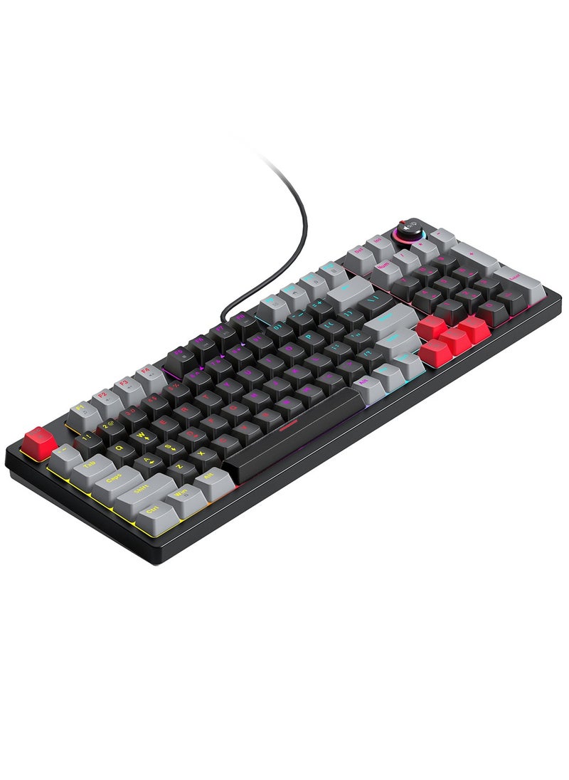T-WOLF - T50 Wired Gaming Keyboard, 97 Keys Blue Switch Mechanical Keyboard with Rgb Backlit and Multimedia Knob Black Red - Image 1