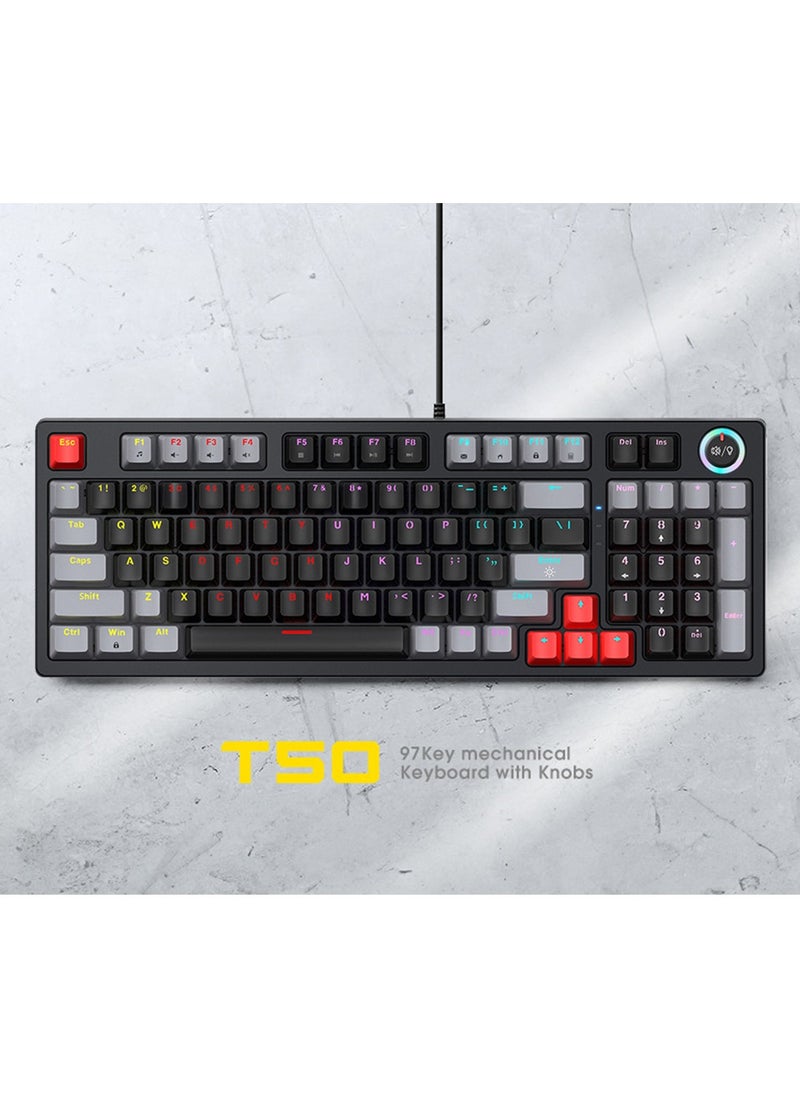 T-WOLF - T50 Wired Gaming Keyboard, 97 Keys Blue Switch Mechanical Keyboard with Rgb Backlit and Multimedia Knob Black Red - Image 1