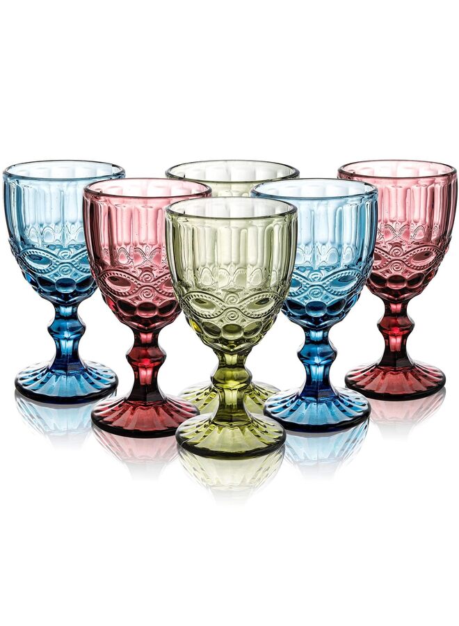 6PCS Vintage Wine Glasses, 10 oz Colored Glass Goblet with Stem, Diamond Design Embossed Glassware for Baby Shower, Wedding, Party, Holiday - Image 1