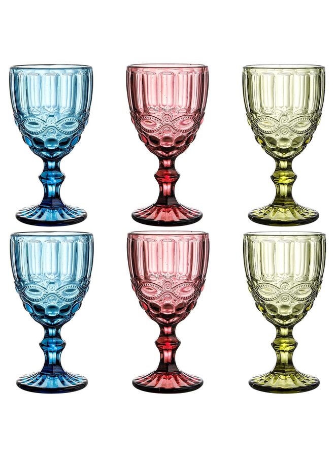 6PCS Vintage Wine Glasses, 10 oz Colored Glass Goblet with Stem, Diamond Design Embossed Glassware for Baby Shower, Wedding, Party, Holiday - Image 3