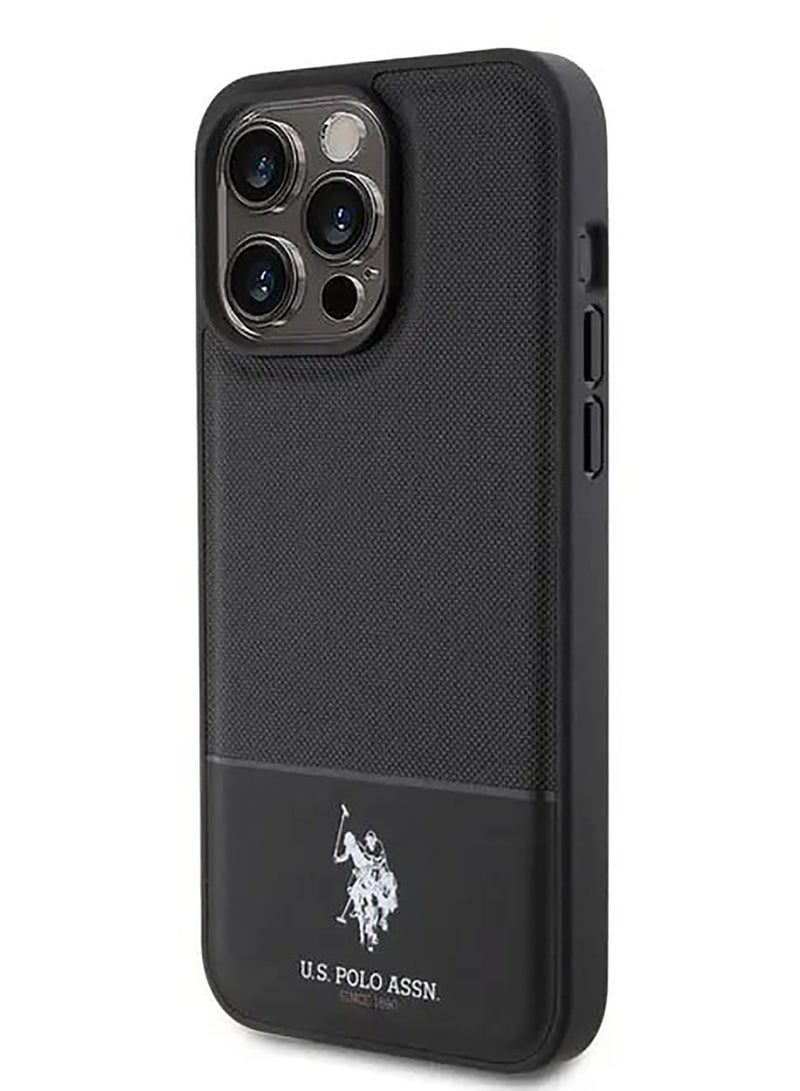 يو اس بولو حافظة جلد بولي يوريثان شبكية DH لهاتف ايفون 15 برو ماكس - أسود - Image 1