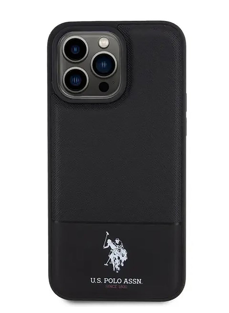 يو اس بولو حافظة جلد بولي يوريثان شبكية DH لهاتف ايفون 15 برو ماكس - أسود - Image 3