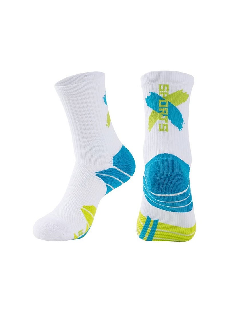 Men Anti Slip Mid Calf Sport Socks White/Blue/Green 