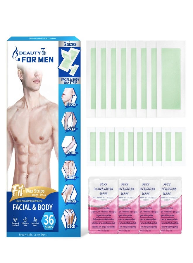 Beauty7 شرائط شمعية للرجال من بيتي7 للجسم، شرائط شمعية جاهزة للاستخدام، إزالة شعر الوجه بالشمع، مجموعة إزالة الشعر في المنزل للأرجل والذراعين والصدر، 36 شريط شمعي و4 مناديل زيت مهدئة - Image 1
