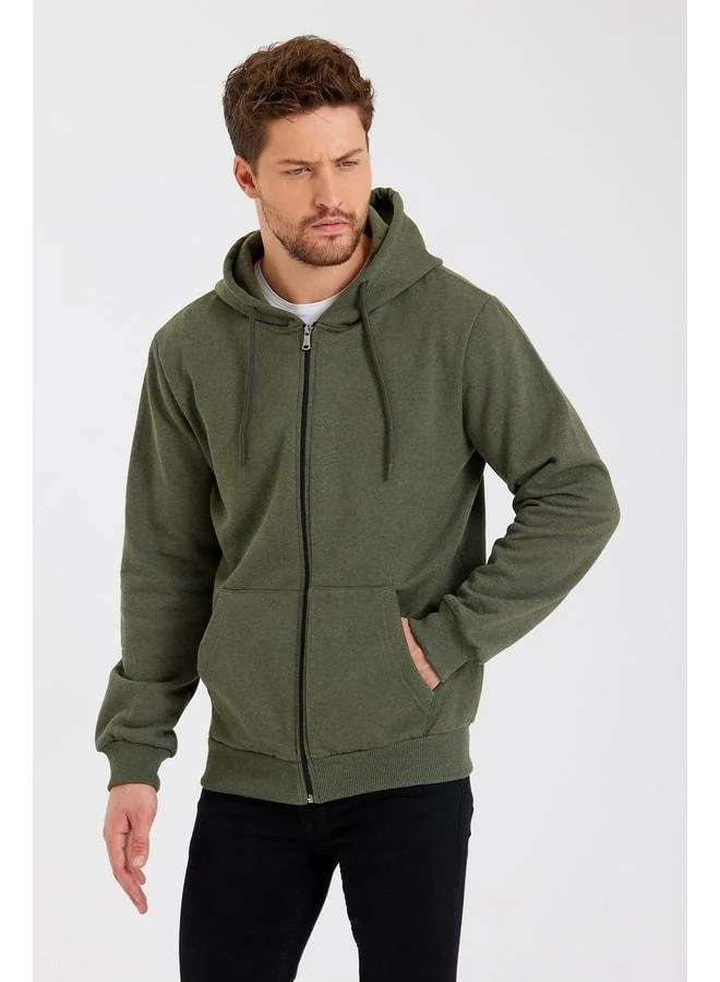 Mmetalic  Men's Olive Cotton-Lined Zip-Up Hoodie Sweatshirt with Kangaroo Pocket for Men | Best Price UAE