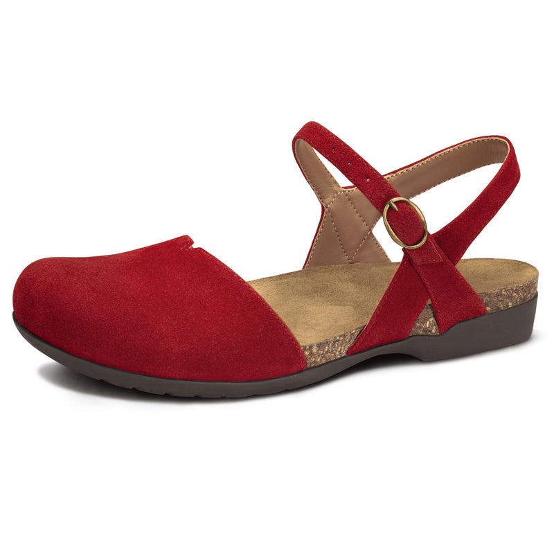 PARTY Closed Toe Sandals Women Barefoot Arch Support Flat Sandals for Office Work and Travel with Comfortable Cork FootbedRED8