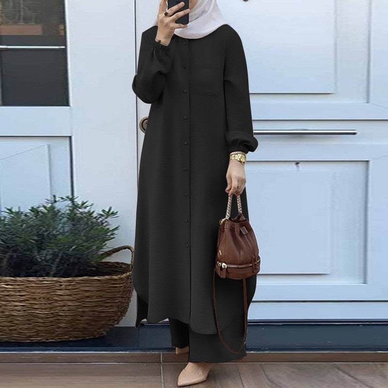 H707# Muslim womens Arabian style two-piece spring and autumn new womens long sleeve shirt pants suit Pink  - Image 3
