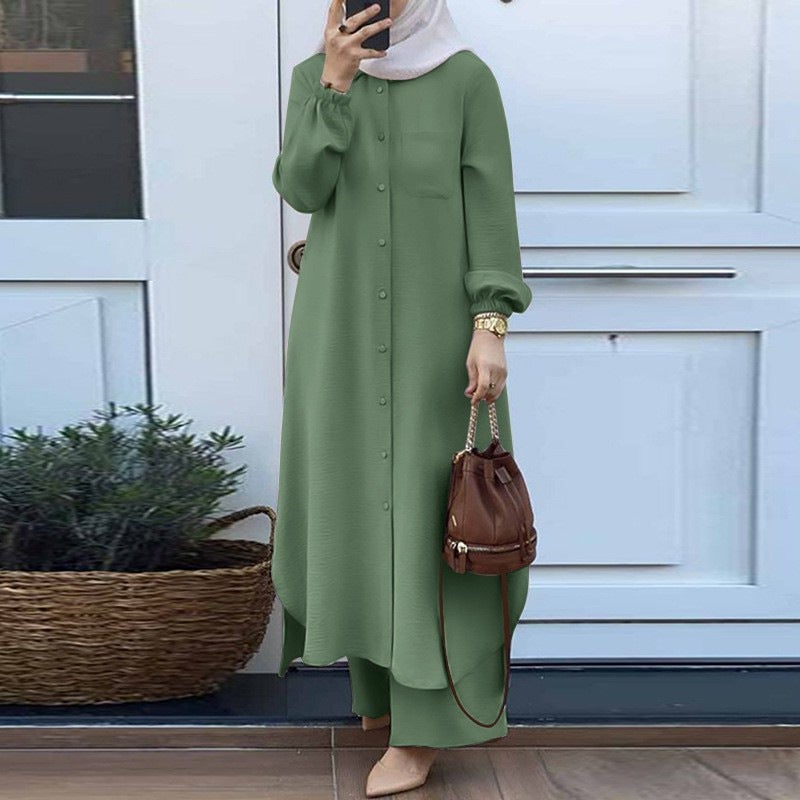 H707# Muslim womens Arabian style two-piece spring and autumn new womens long sleeve shirt pants suit Pink  - Image 2