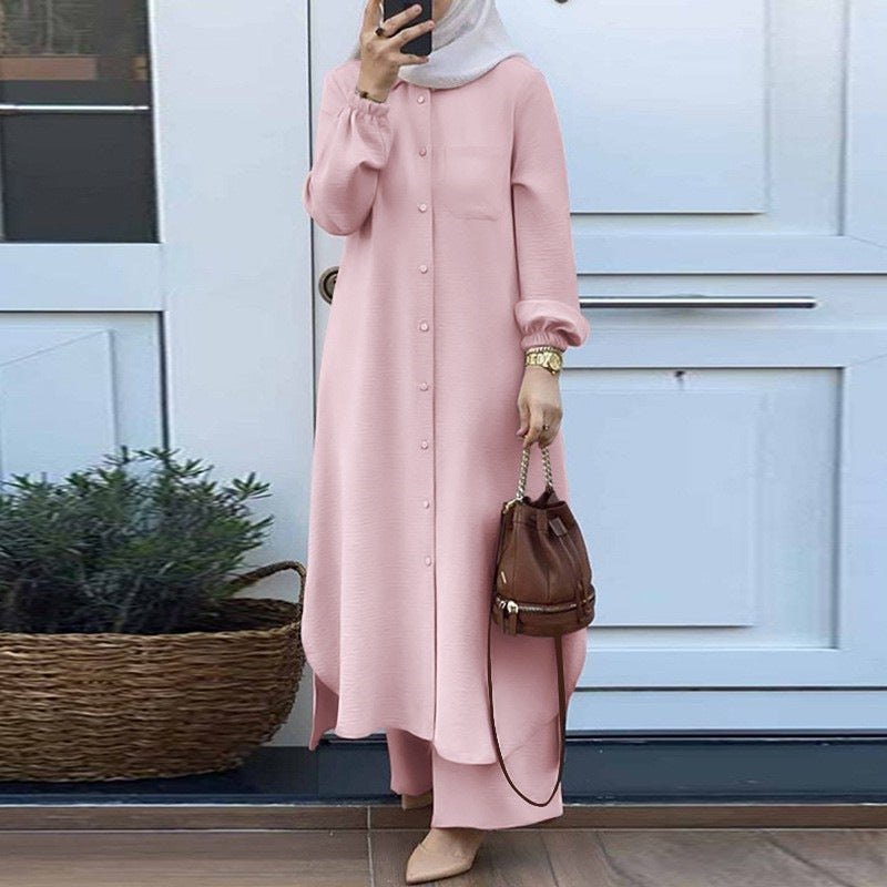 H707# Muslim womens Arabian style two-piece spring and autumn new womens long sleeve shirt pants suit Pink  - Image 1