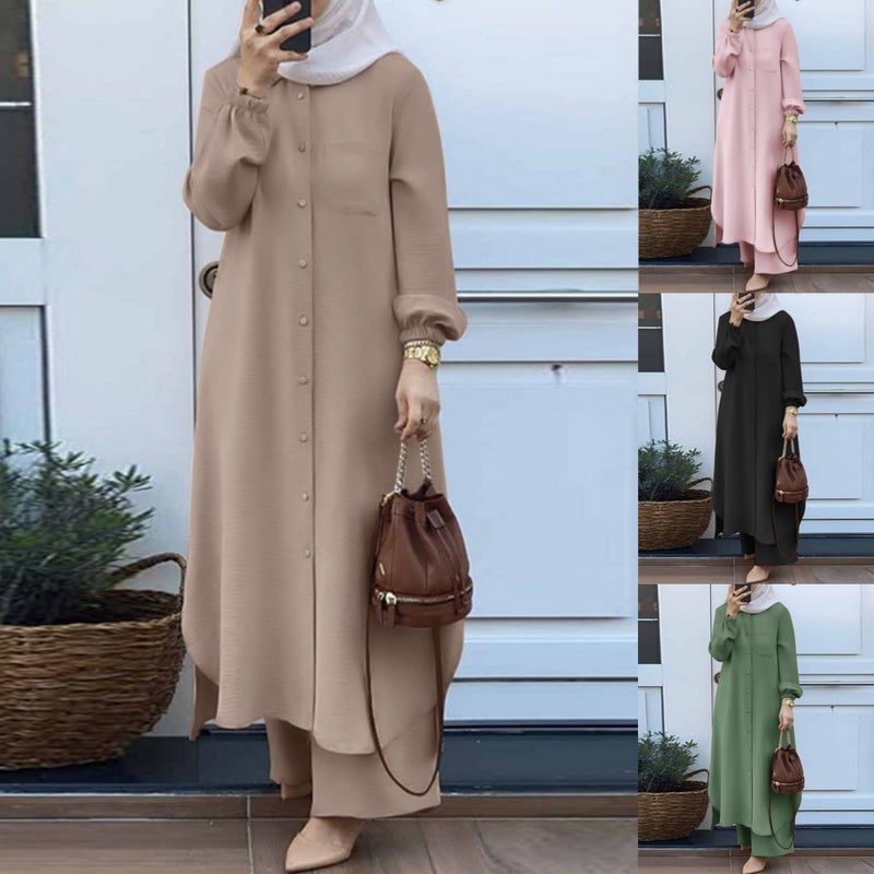H707# Muslim womens Arabian style two-piece spring and autumn new womens long sleeve shirt pants suit Pink - Image 4