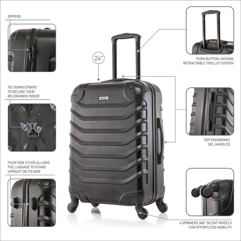InUSA ENDURANCE Luggage with Spinner Wheels | Durable Lightweight Hardside Suitcase, Spacious Travel Bag with Handle and Trolley | 24-Inch Medium Checked Luggage | Black - Image 3