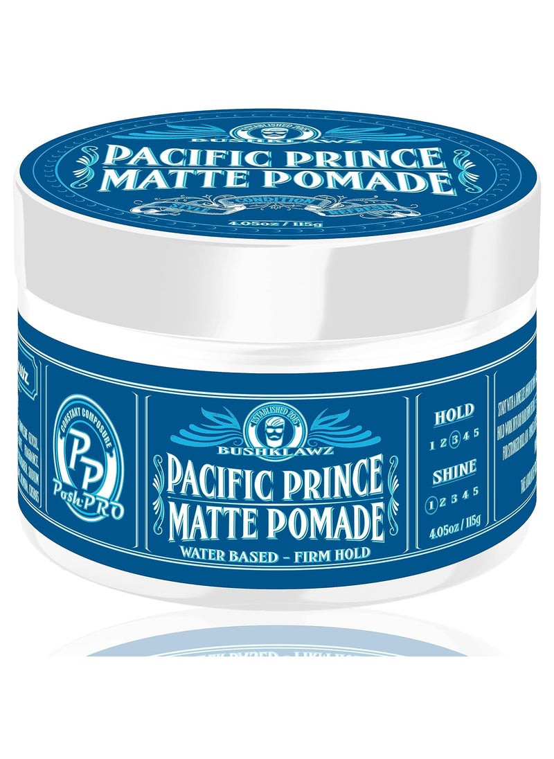 BushKlawz Pacific Prince Matte Pomade 115g/4.05oz Water Based Firm Hold Easy Wash No Build Up for Tight Styles Men's Styling Smells Great 