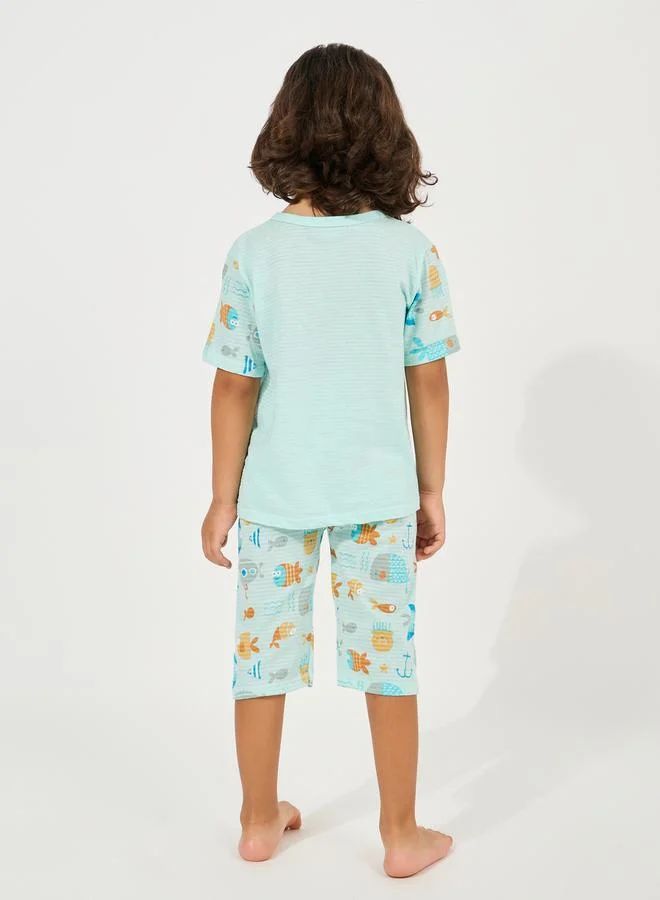 Styli Cartoon Printed T-Shirt & Crop Pyjama Set