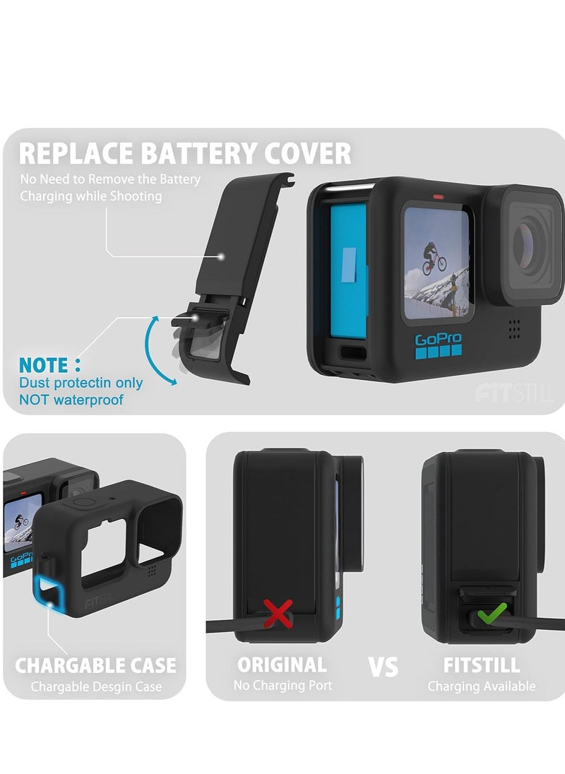 Captaintech Silicone Sleeve Case for Go Pro Hero 11 /Hero 10 /Hero 9 Black, Battery Side Cover u0026 Screen Protectors u0026 Lens Caps u0026 Lanyard for Go Pro Hero 11 /10 / 9 Accessories Kit  - Image 2