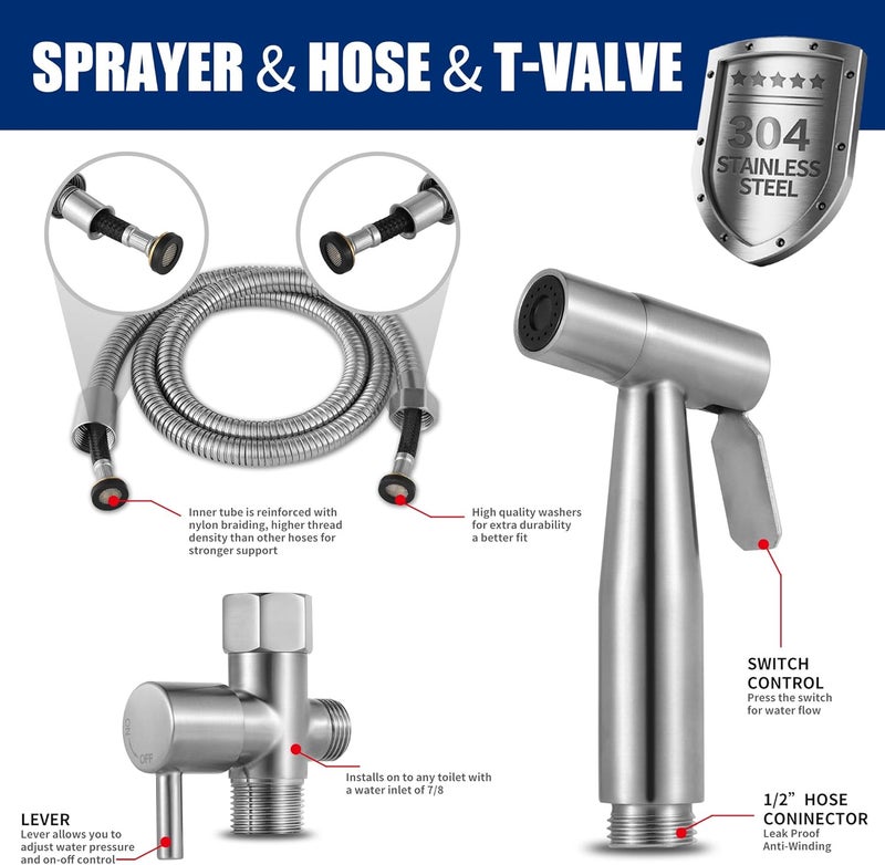 Lambloraey Black Handheld Bidet Sprayer for Toilet, Stainless Steel Metal Made Toilet Hose, Bidet Toilet Attachment Kit for Cloth Diaper Sprayer & Pets Shower & Feminine Hygiene - Image 2