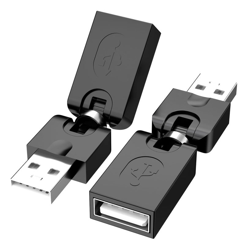 BERLAT Swivel USB 2.0 Adapter, 2 Pack Rotatable USB 2.0 Type A Male to Type A Female 360 Degree Rotation Adjustable Right Angle Extension Adapter Convertor (Black, AM-FM) - Image 1