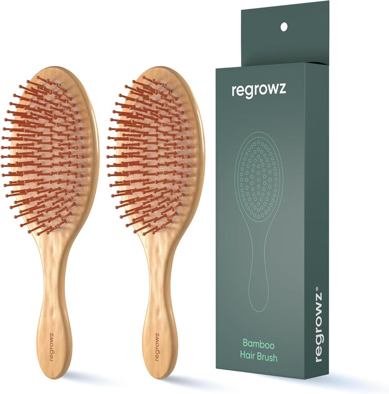 Regrowz Bamboo Hair Brush 2x Pack Detangles Eliminates Knots Wooden Brush for Thick Thin Hair AntiBreakage with Round Natural Bristles Versatile Durable Wooden Hair Brush For Women Men