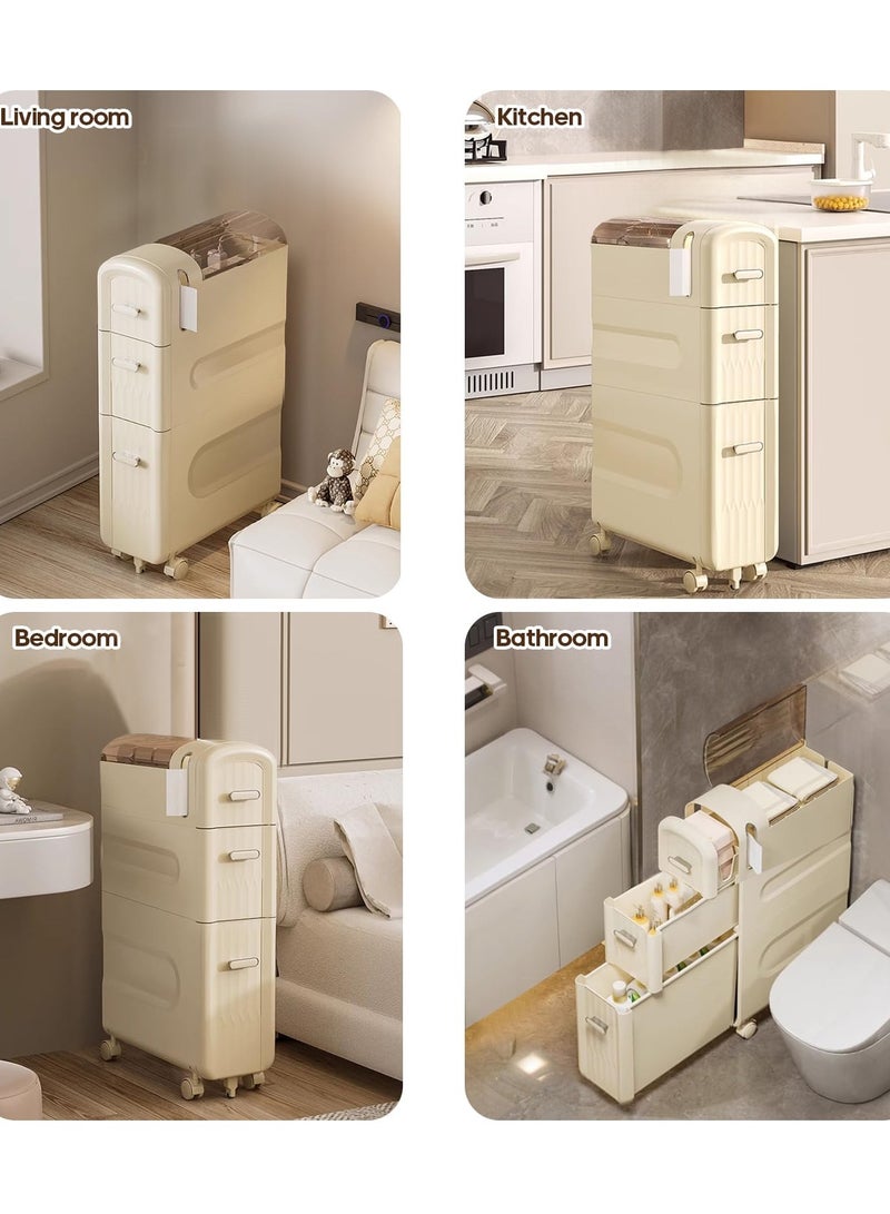 XiuWoo 3-Tier Install-free Freestanding Storage Cabinet with Wheels Narrow Bathroom Organizer Auxiliary Storage Cabinet for Small Spaces Side Cabinet with Compact Drawers for Toilet Paper  - Image 2