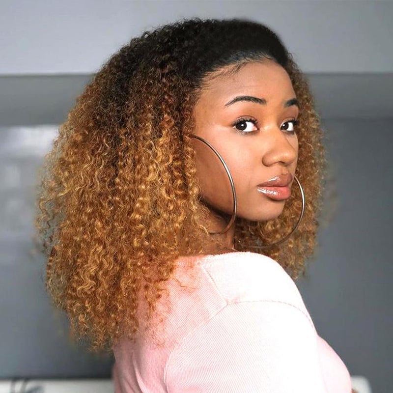 Mongolian Afro Kinky Curly Bundles Ombre Human Hair Bundles 14 16 18 Inches T1B/30 Brown 4B 4C Afro Kinky Bulk Human Hair Virgin Hair Curly Weave Bundles for Black Women Human Hair Weft