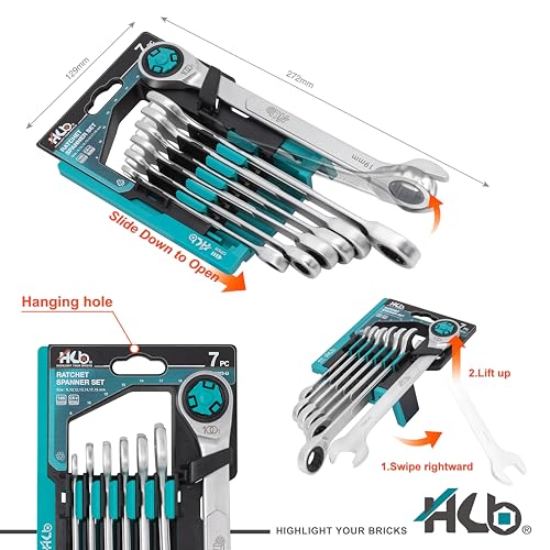 HB 7Piece Metric Ratchet Wrench Set WKM003U 100Tooth 12Point Box End 15 Offset PassThrough Design for Long Bolts Chrome Vanadium Steel Matte Finish Rack Organizer Made in Taiwan - Image 3