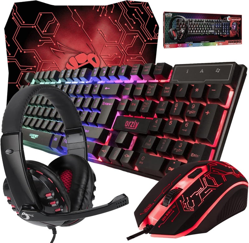 Orzly Gaming Keyboard and Mouse and Mouse pad and Gaming Headset, Wired LED RGB Backlight Bundle for PC Gamers and Xbox and PS4 Users - 4 in 1 Edition Hornet RX-250 - Image 1